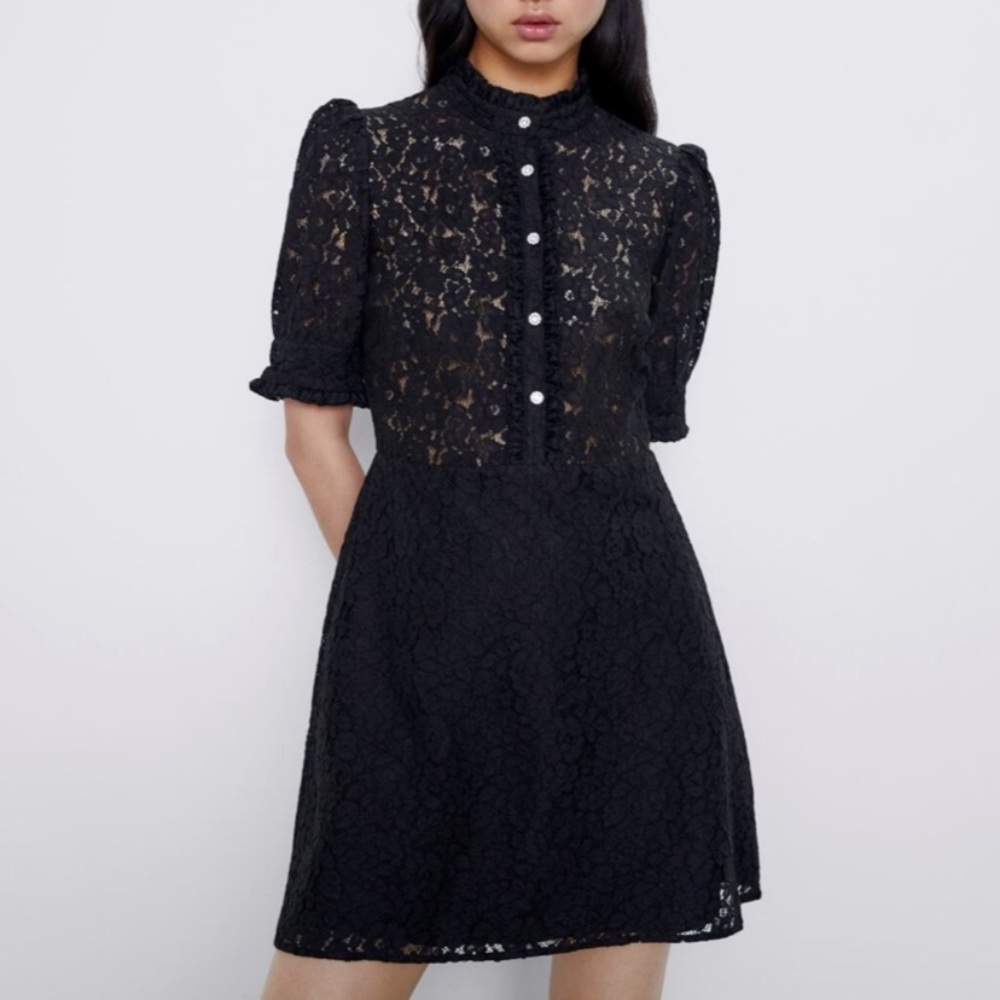 Zara NWT Luxury Party Festive Wedding Holiday black lace dress w/jewel buttons